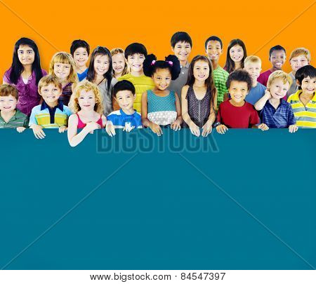 Multi-Ethnic Group of Children Holding Empty Billboard