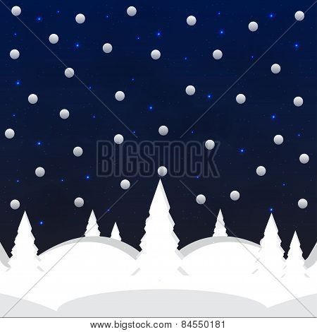 Vector Winter Night Landscape With Forest And Fur-trees.