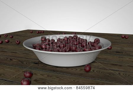 Plate Of Cherries On A Wooden Table