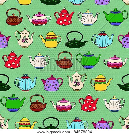 Seamless pattern with cute freehand teapots