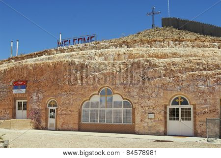 Exterior of the underground Serbian Orthodox Church in Coober Pedy, Australia.