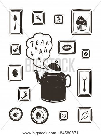 Kitchen Drinking Tea Teapot and Cooking Art Frames