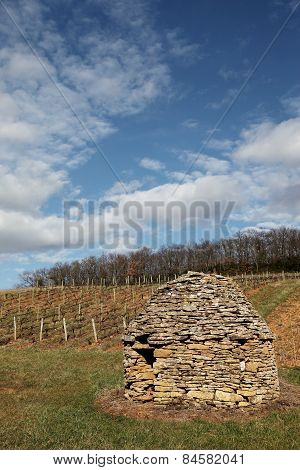 An old and typical stone hut in the vineyards of Beaujolais