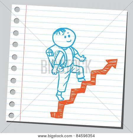 Schoolkid walking up on arrow stairs