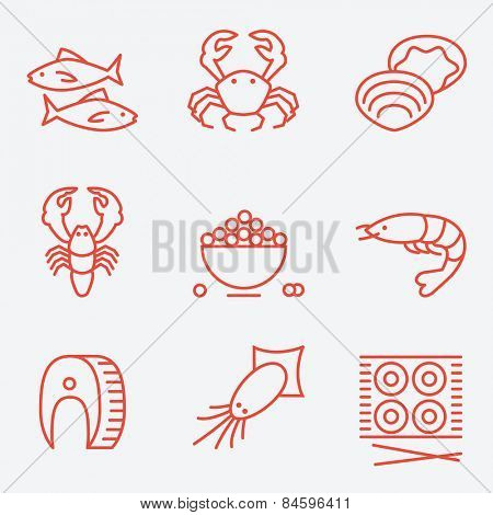 Seafood icons, thin line style, flat design