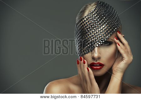 Sexy Strict Woman With Red Lips And Metal Decor