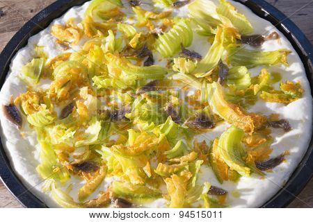 Raw Pizza With Zucchini Flowers