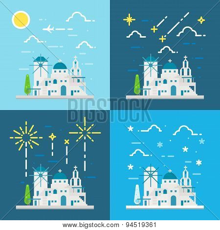 Flat Design 4 Styles Of Santorini Village Greece