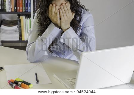 Businesswoman Closed Face With Her Hands, Office.