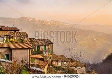 Dreamy landscape of old towns on the hills of Lazio in the misty morning