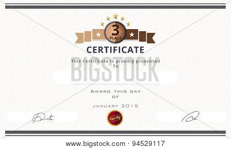 Certificate Template With Third Prize Concept. Certificate Border Design. Vector Illustration