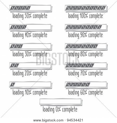 Progress Loading Bar From 0 To 100 Percent Complete, Hand Drawn Effect, Set On Grey Bakground