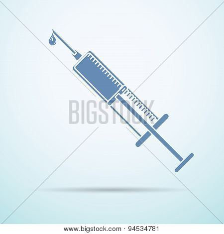 Vector Syringe Injector Flat Icon With Vaccine Drop On Blue Background