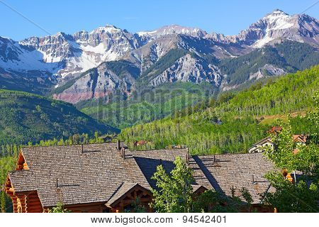 Panorama of Telluride Mountains and houses in Colorado USA.