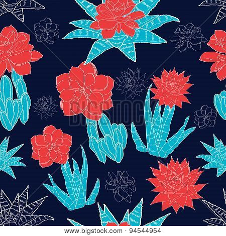 Vector Night Desert Cacti Flowers Seamless Pattern