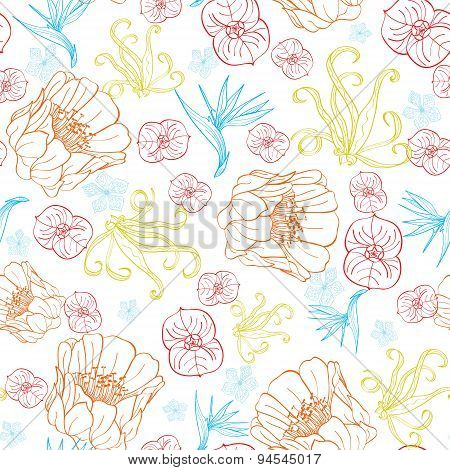 Vector Vibrant Tropical Orange Blue Flowers Seamless Pattern