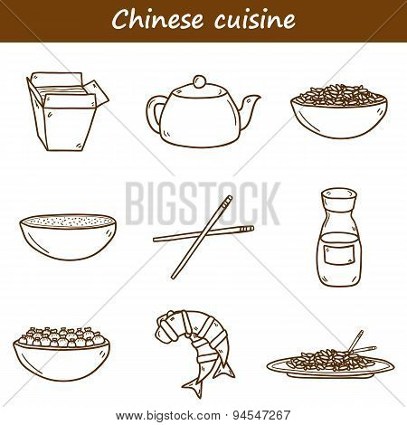 Set of cute modern hand drawn cartoon icons on chinese food theme: rice, teapot, chinese pasta, soy sause, soup, chinese sticks, chinese dumpling, shrimp. Vector ethnic chinese cuisine concept. You can use it for your site, restaurant menu