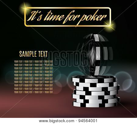 Poker chips with a twisting chip on blurred background.