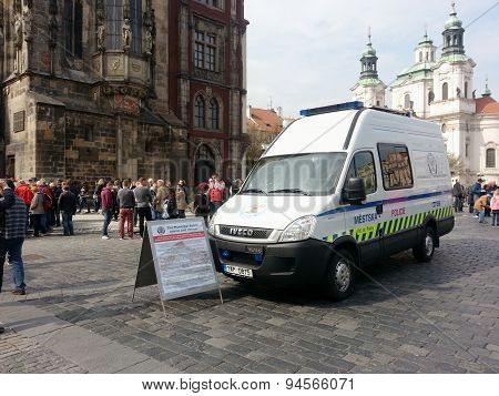 Municipal Police Van With Information Sign On Old Town Square, Prague