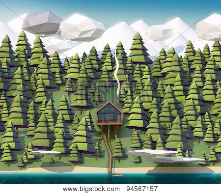 House On Wild Coast Of A Mountain River