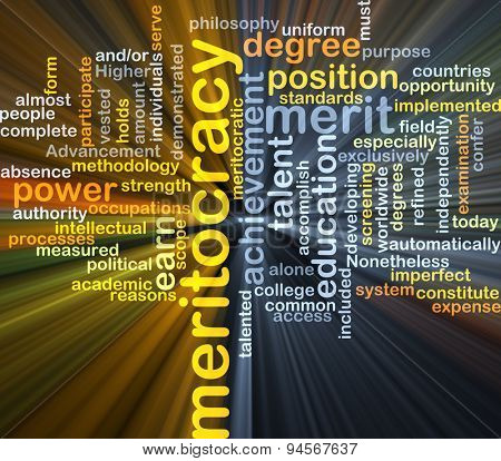 Background concept wordcloud illustration of meritocracy glowing light