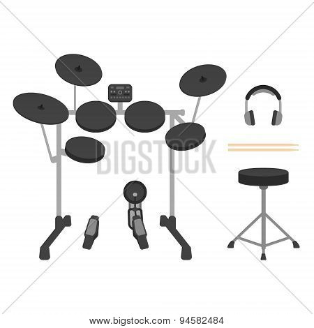 Electronic Drum Set, Headphones, Drumsticks and Drum Throne