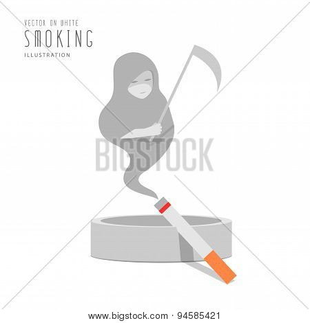 Cigarette On The Ashtray The Smoke Is The God Of Death Flat Vector.