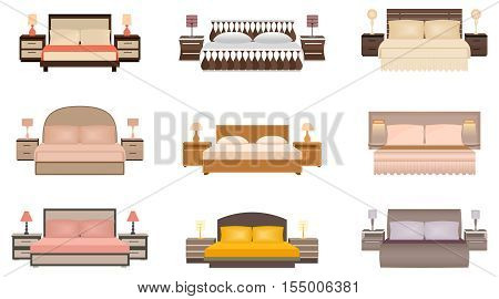 Set of warm colors nine bed with bedside tables lamps and headboards. Flat style vector illustration.