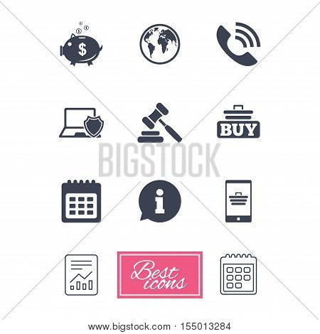 Online shopping, e-commerce and business icons. Auction, phone call and information signs. Piggy bank, calendar and smartphone symbols. Report document, calendar icons. Vector