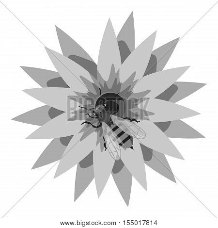 Bee on flower icon. Gray monochrome illustration of bee on flower vector icon for web