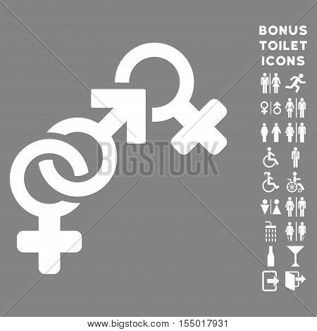 Faith Breach icon and bonus gentleman and woman WC symbols. Vector illustration style is flat iconic symbols, white color, gray background.