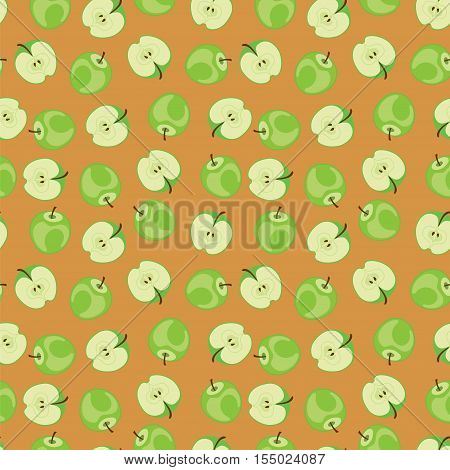 Apple seamless vector pattern. Green apple pattern on brown background. Apple background.