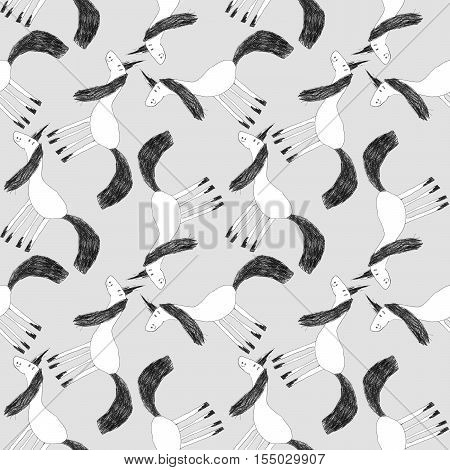 Illustration of a unicorn on grey background. Seamless pattern.