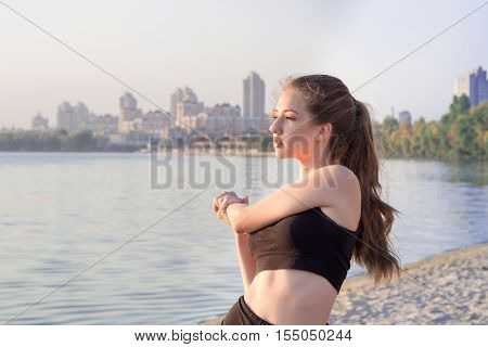 Fitness Girl Stretches Preparing For Sport Training Workout Exercises Outdoor