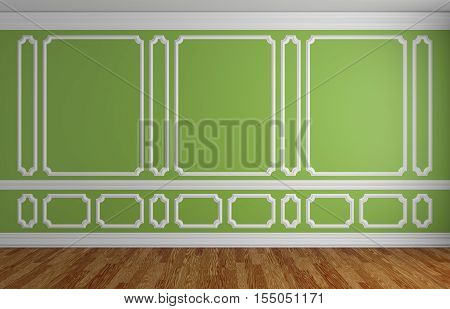 Green wall with white decorative moldings elements on wall in classic style empty room with wooden parquet floor and white baseboard classic style architectural background 3d illustration interior