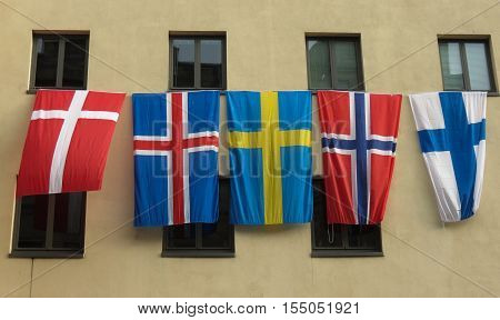 Flags of Scadinavia floating - Denmark Iceland Sweden Norway Finland