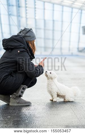 Young Woman Exercises With Maltese Dog