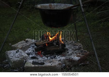Grilling summer evening in the garden, fire