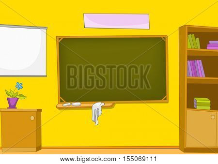 Hand drawn cartoon of schoolroom interior. Colourful cartoon of background of schoolroom. Background of classroom interior. Cartoon background of classroom with blackboard and bookcase.