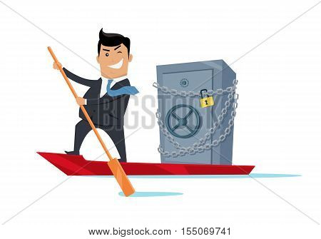 Escape with money concept vector. Flat design. Success. Financial crime, tax evasion, money laundering, political corruption illustration. Smiling man in business suit sailing away on boat with safe.