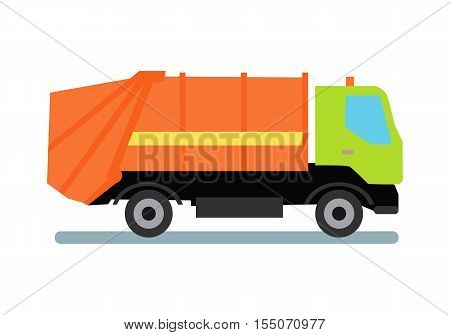 Orange garbage truck transportation. Tipper with green cabin and orange vehicle. Recycle truck icon. Truck for assembling and transportation garbage. Vector illustration in flat style design.