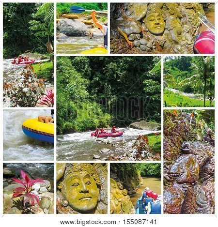 Rafting in the canyon on Balis mountain river at Indonesia. Collage