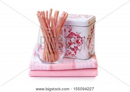 Pocky in the glass on white background