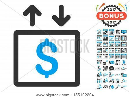 Money Elevator icon with bonus 2017 new year images. Vector illustration style is flat iconic symbols, modern colors.