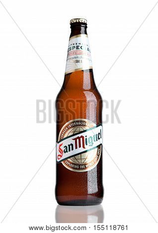 LONDON UK- NOVEMBER 2016: Cold bottle of San Miguel beer. The San Miguel brand of beer is the leading brand of the San Miguel Brewery Inc the largest beer producer in the Philippines.