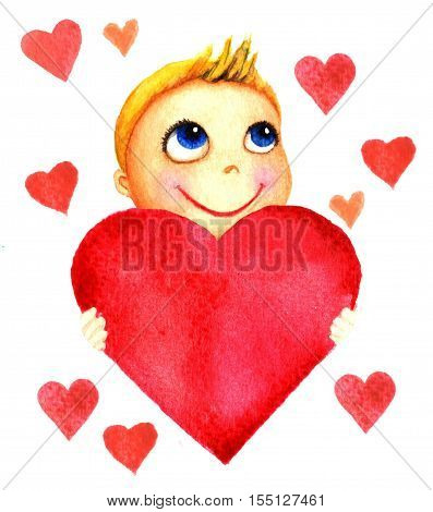 One little cute smiling boy holding a big red heart in his hands. Charity baby. Kid dreams and hopes to receive charity. Isolated watercolor drawing on a white background. Greeting card, banner, print, poster, sticker, website.