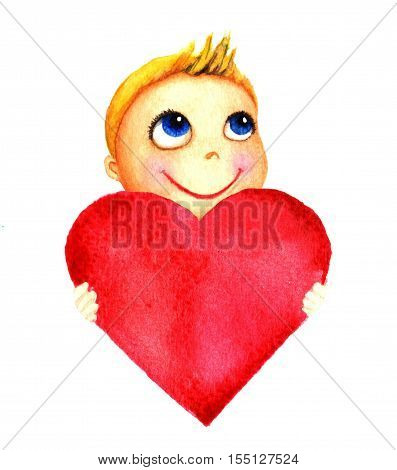 One little cute smiling boy holding a big red heart in his hands. Charity baby. Kid dreams and hopes to receive charity. Isolated watercolor drawing on a white background. Greeting card, banner, print, poster, sticker, website.