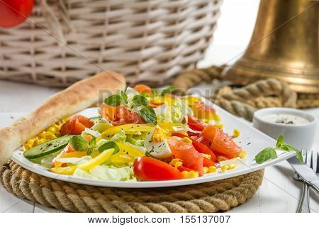 Closeu Of Healthy Salmon Salad Made Of Fresh Vegetables