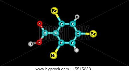246-Tribromobenzoic acid. 3d horizontal illustration of acid on black