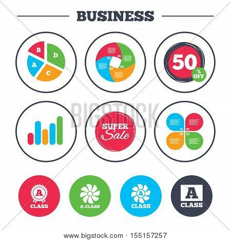 Business pie chart. Growth graph. A-class award icon. A-class ventilation sign. Premium level symbols. Super sale and discount buttons. Vector